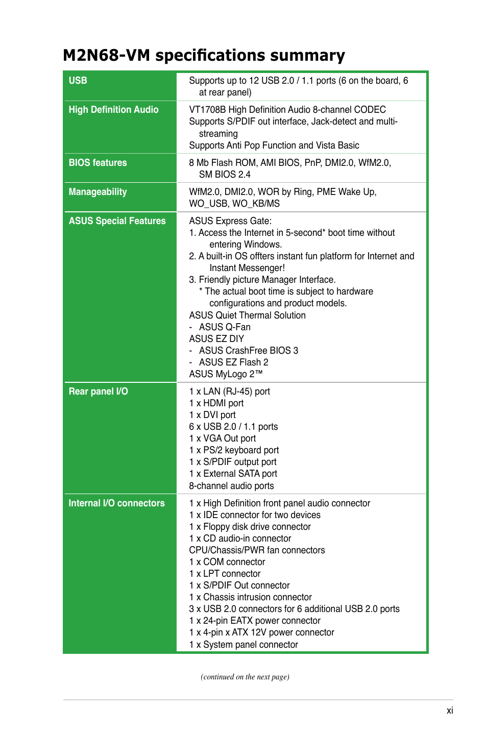 M2n68-vm specifications summary | Asus M2N68-VM User Manual | Page 11 / 106