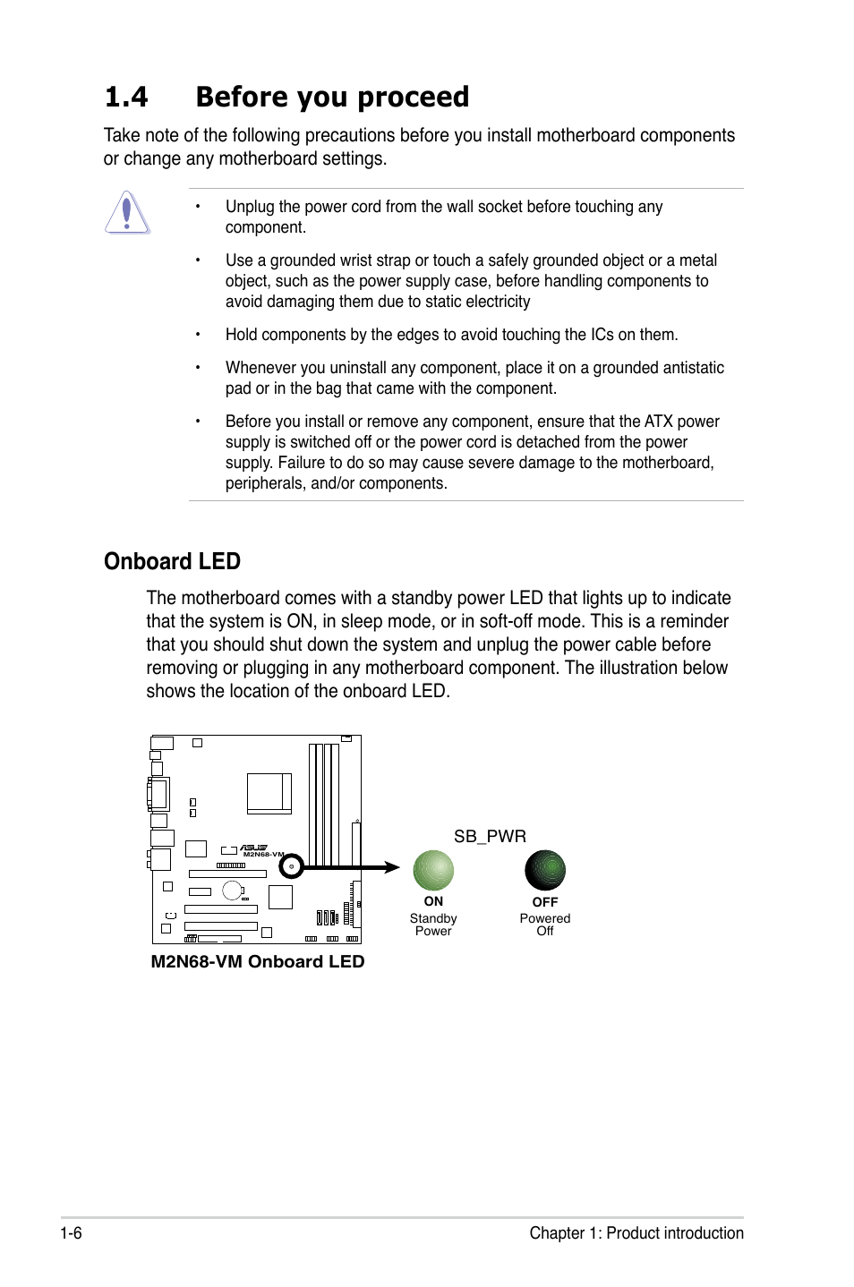 4 before you proceed, Onboard led | Asus M2N68-VM User Manual | Page 18 / 106