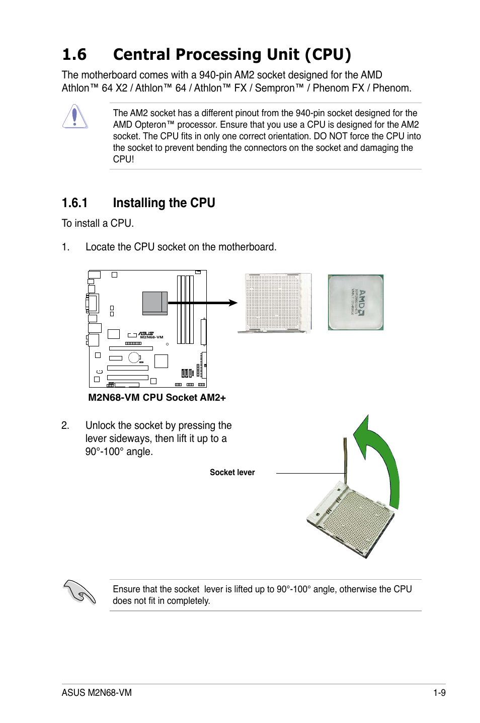 6 central processing unit (cpu), 1 installing the cpu | Asus M2N68-VM User Manual | Page 21 / 106