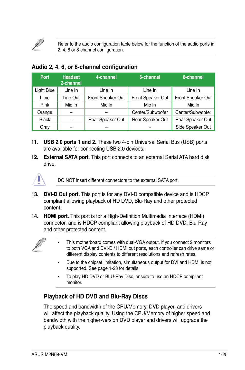 Playback of hd dvd and blu-ray discs, Audio 2, 4, 6, or 8-channel configuration | Asus M2N68-VM User Manual | Page 37 / 106