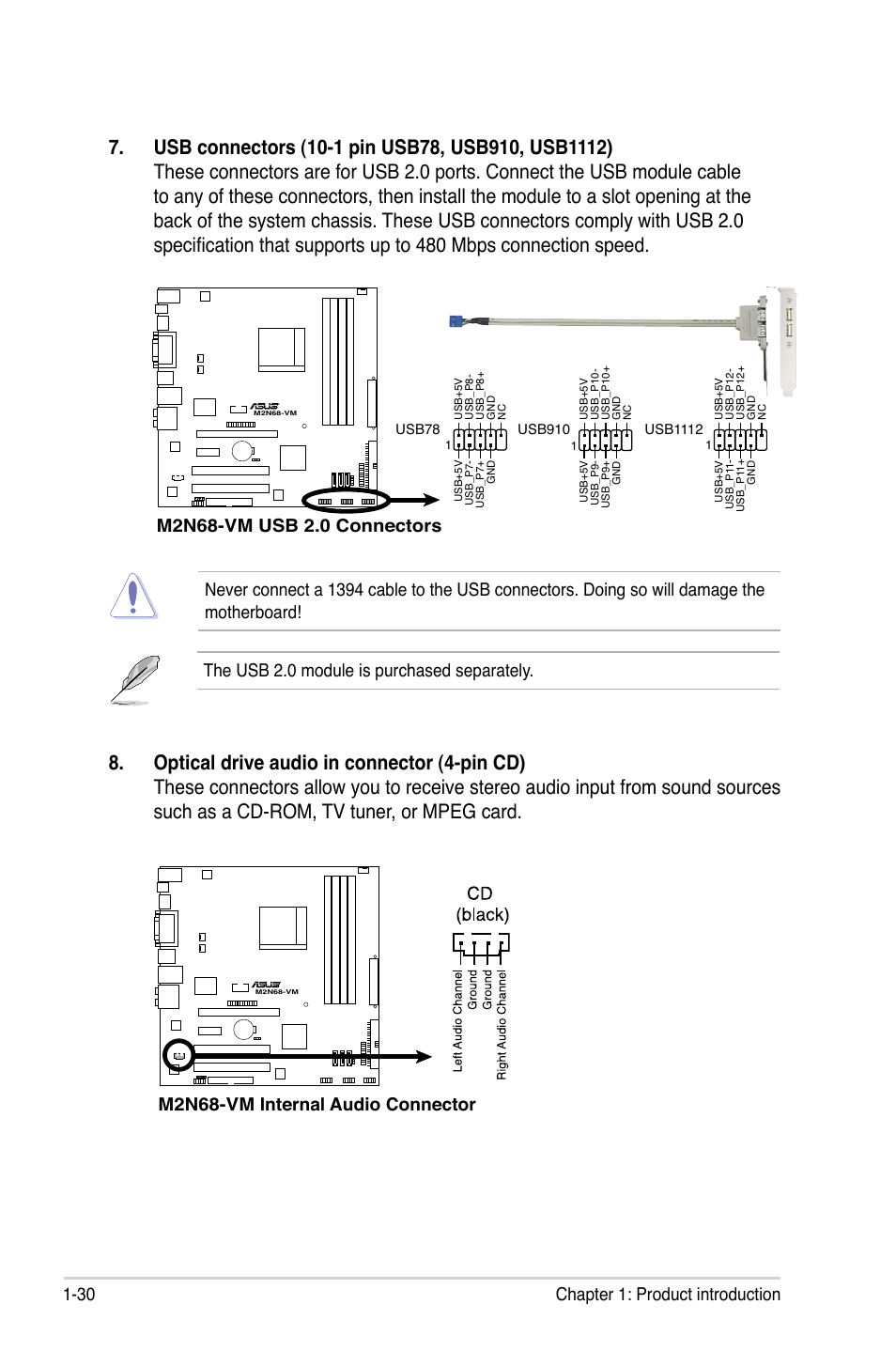 30 chapter 1: product introduction, The usb 2.0 module is purchased separately, M2n68-vm internal audio connector | Asus M2N68-VM User Manual | Page 42 / 106