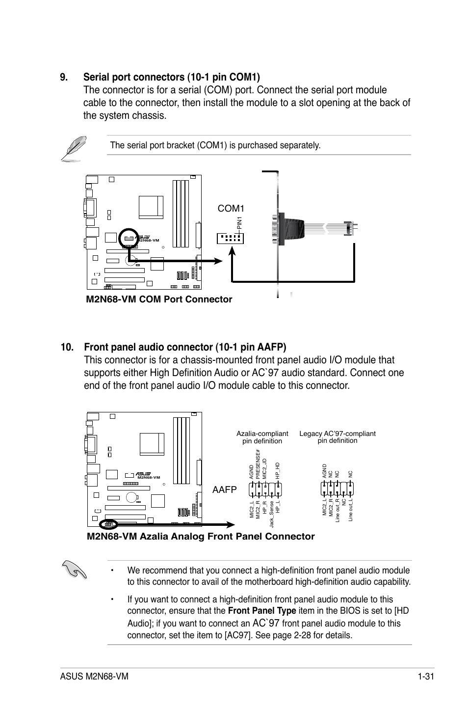 Ac`97, M2n68-vm com port connector, Com1 | M2n68-vm azalia analog front panel connector, Aafp | Asus M2N68-VM User Manual | Page 43 / 106