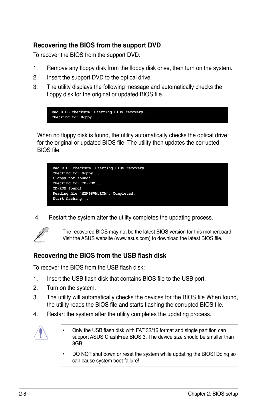 Recovering the bios from the support dvd, Recovering the bios from the usb flash disk | Asus M2N68-VM User Manual | Page 54 / 106