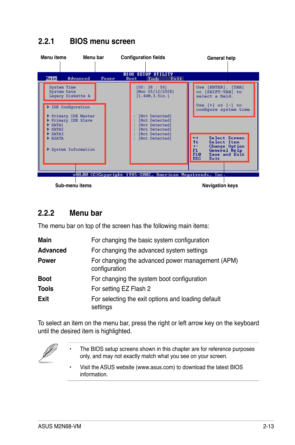 1 bios menu screen, 2 menu bar | Asus M2N68-VM User Manual | Page 59 / 106