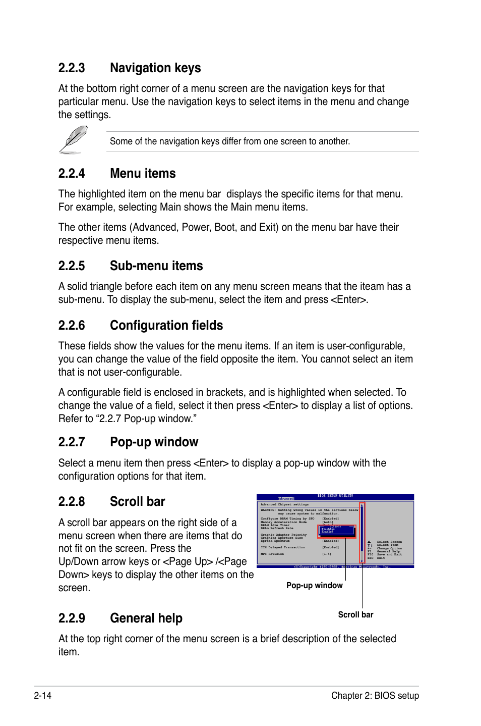 4 menu items, 5 sub-menu items, 6 configuration fields | 9 general help, 7 pop-up window, 8 scroll bar, 3 navigation keys | Asus M2N68-VM User Manual | Page 60 / 106