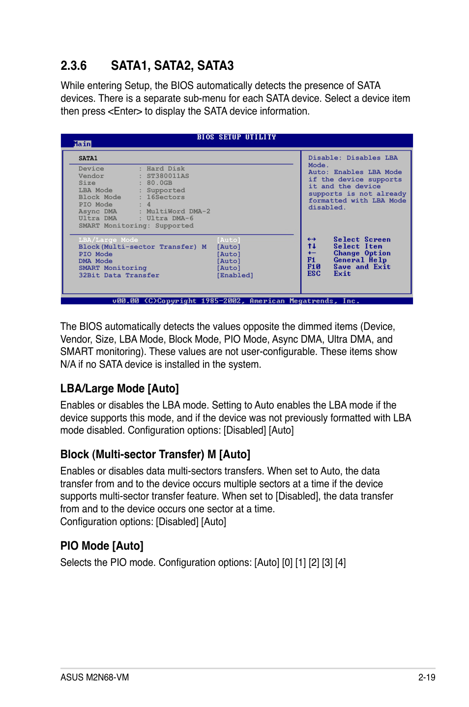 6 sata1, sata2, sata3, Lba/large mode [auto, Block (multi-sector transfer) m [auto | Pio mode [auto | Asus M2N68-VM User Manual | Page 65 / 106