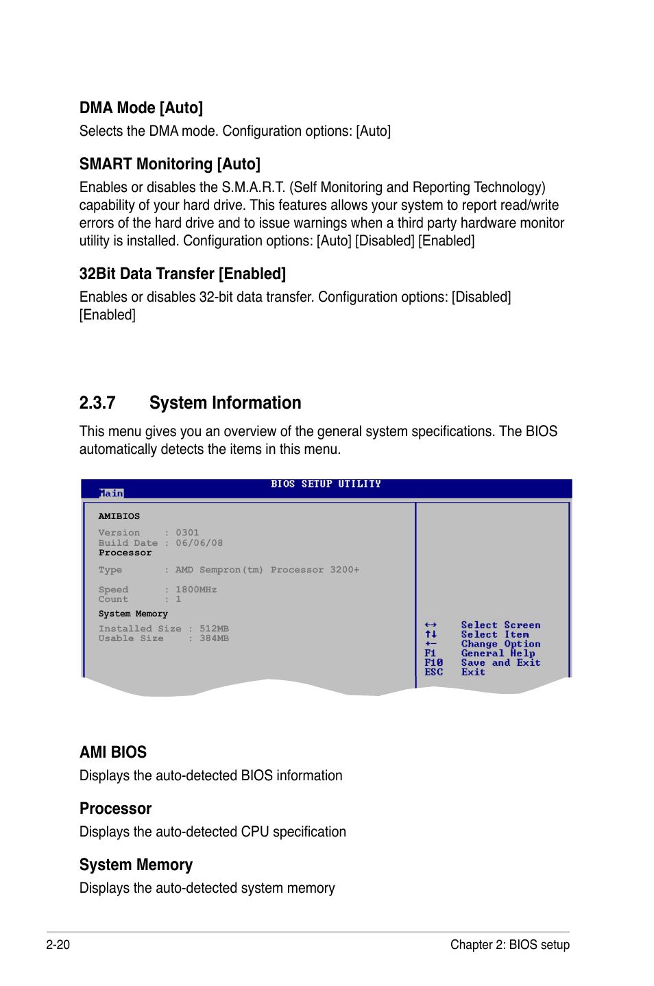 7 system information, Dma mode [auto, Smart monitoring [auto | 32bit data transfer [enabled, Ami bios, Processor | Asus M2N68-VM User Manual | Page 66 / 106