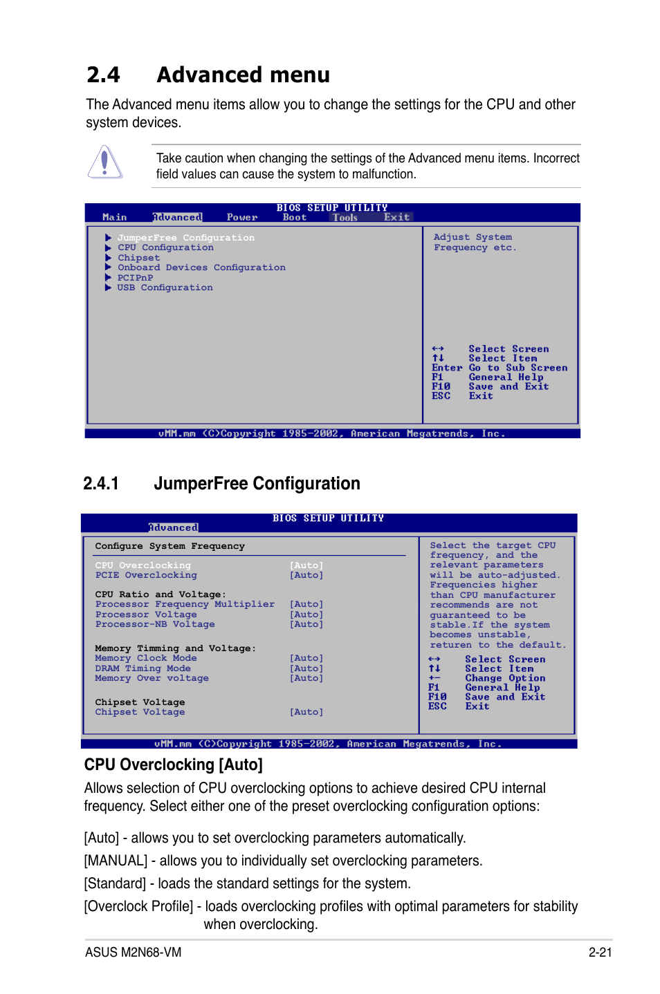 4 advanced menu, 1 jumperfree configuration, Cpu overclocking [auto | Asus M2N68-VM User Manual | Page 67 / 106