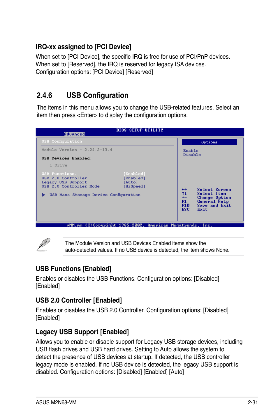 6 usb configuration, Irq-xx assigned to [pci device, Usb functions [enabled | Usb 2.0 controller [enabled, Legacy usb support [enabled | Asus M2N68-VM User Manual | Page 77 / 106