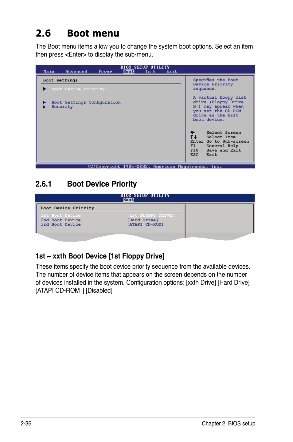 6 boot menu, 1 boot device priority, 1st ~ xxth boot device [1st floppy drive | Disabled | Asus M2N68-VM User Manual | Page 82 / 106