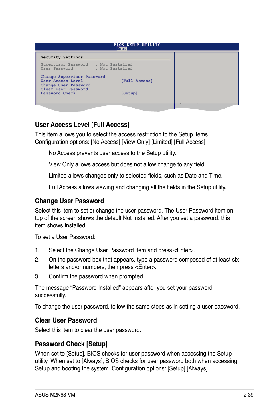 User access level [full access, Change user password, Clear user password | Password check [setup | Asus M2N68-VM User Manual | Page 85 / 106