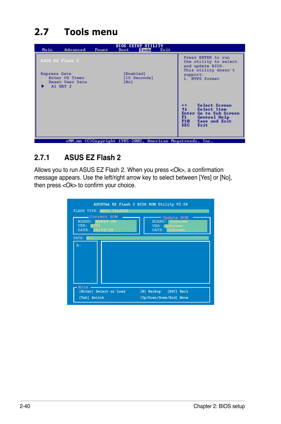 7 tools menu, 1 asus ez flash 2 | Asus M2N68-VM User Manual | Page 86 / 106