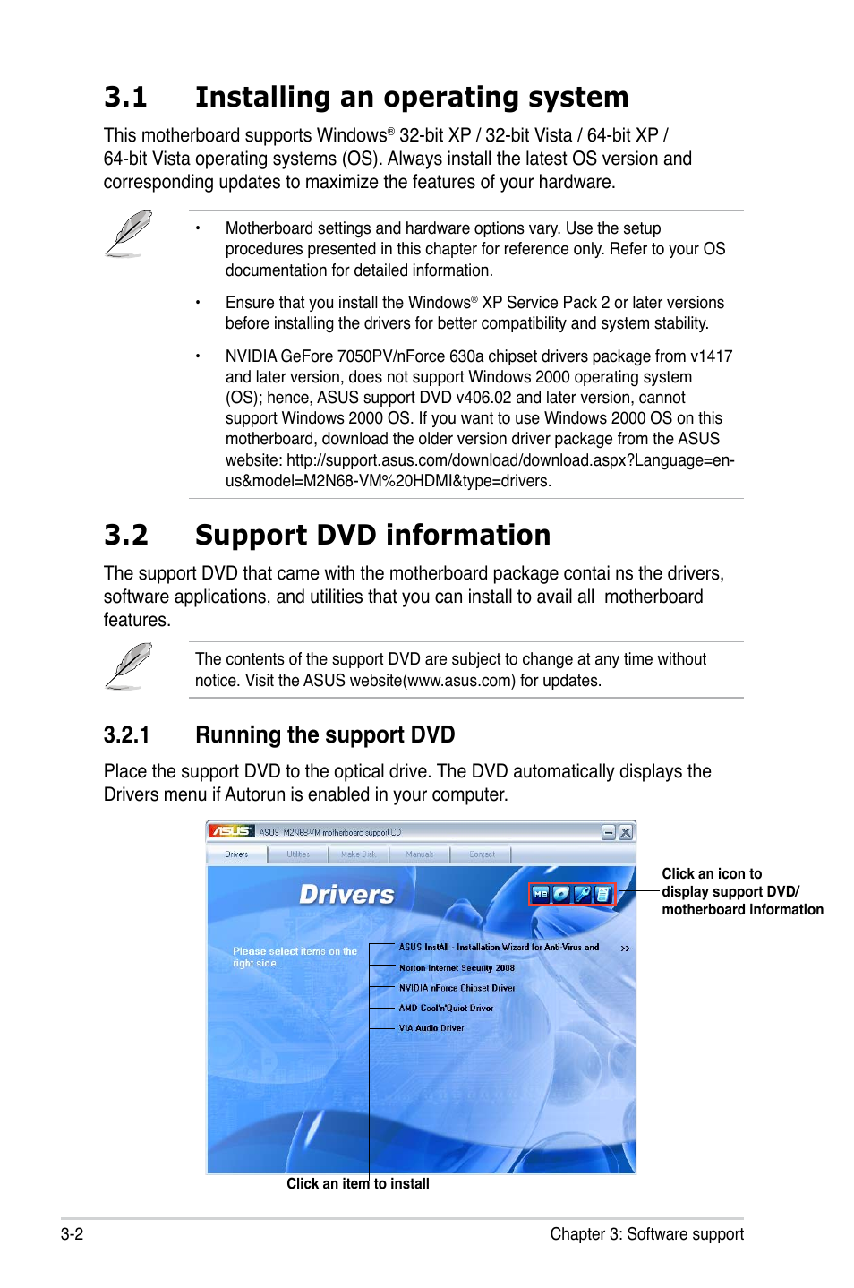 1 installing an operating system, 2 support dvd information, 1 running the support dvd | Asus M2N68-VM User Manual | Page 90 / 106