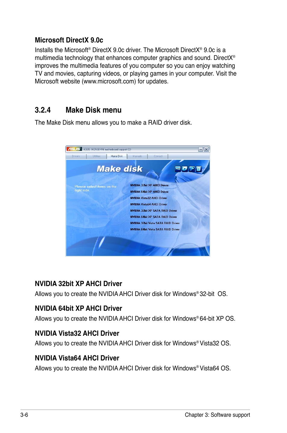 4 make disk menu, Microsoft directx 9.0c, Nvidia 32bit xp ahci driver | Nvidia 64bit xp ahci driver, Nvidia vista32 ahci driver, Nvidia vista64 ahci driver | Asus M2N68-VM User Manual | Page 94 / 106