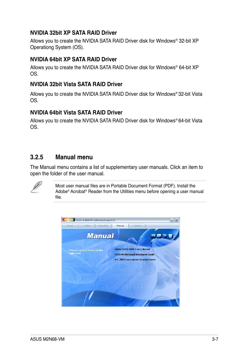 5 manual menu, Nvidia 32bit xp sata raid driver, Nvidia 64bit xp sata raid driver | Nvidia 32bit vista sata raid driver, Nvidia 64bit vista sata raid driver | Asus M2N68-VM User Manual | Page 95 / 106