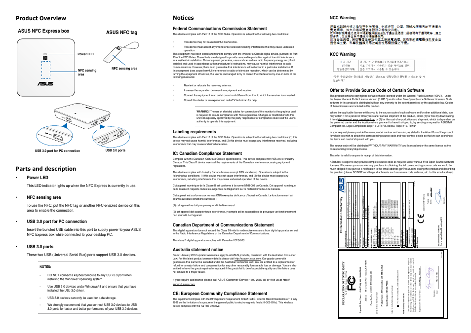 Product overview, Parts and description, Notices | Asus nfc tag, Asus nfc express box, Power led, Nfc sensing area, Usb 3.0 port for pc connection, Usb 3.0 ports, Federal communications commission statement | Asus NFC EXPRESS User Manual | Page 2 / 2