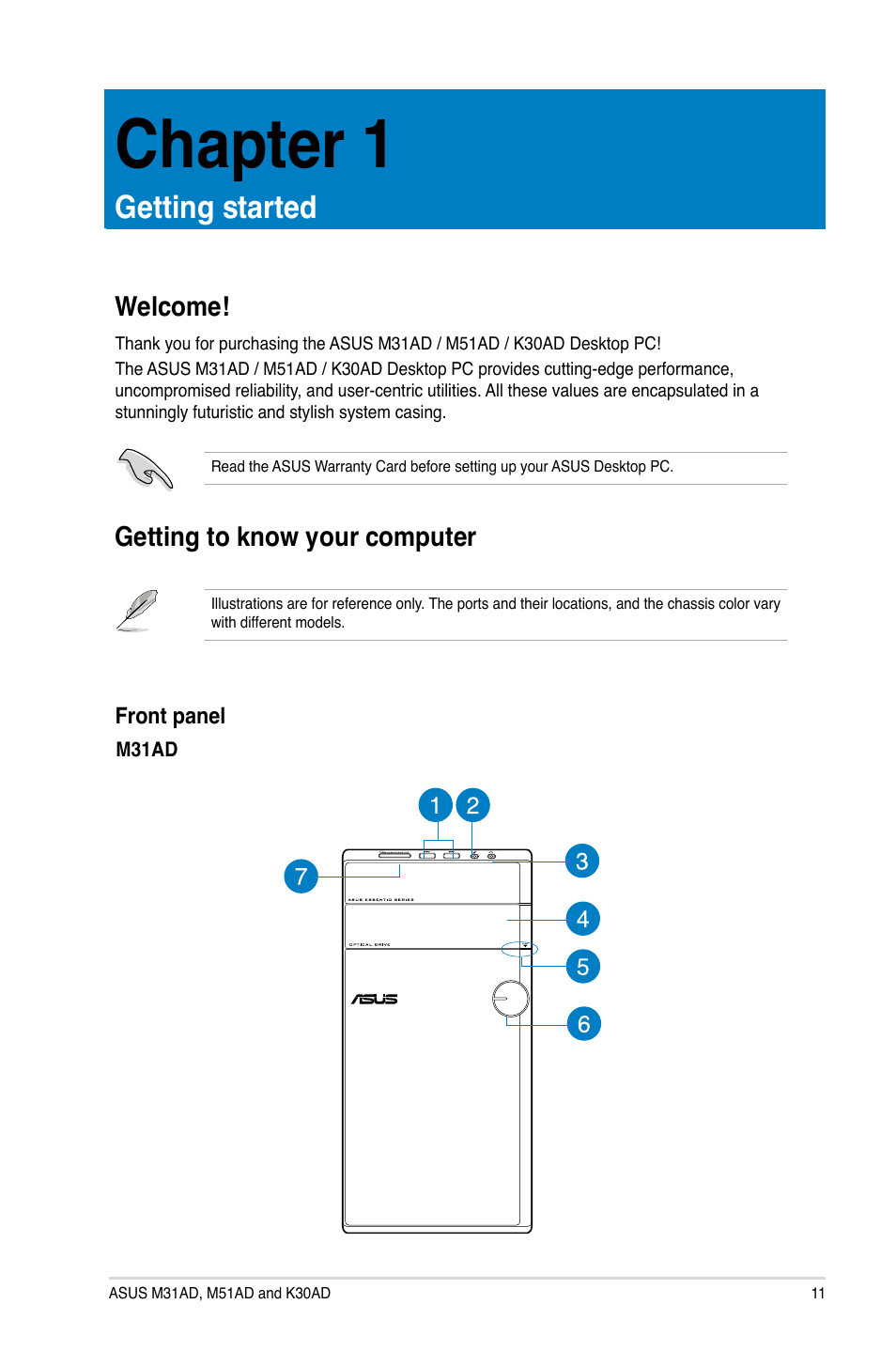 Chapter 1, Getting started, Welcome | Getting to know your computer, Welcome! getting to know your computer | Asus M51AD User Manual | Page 11 / 85