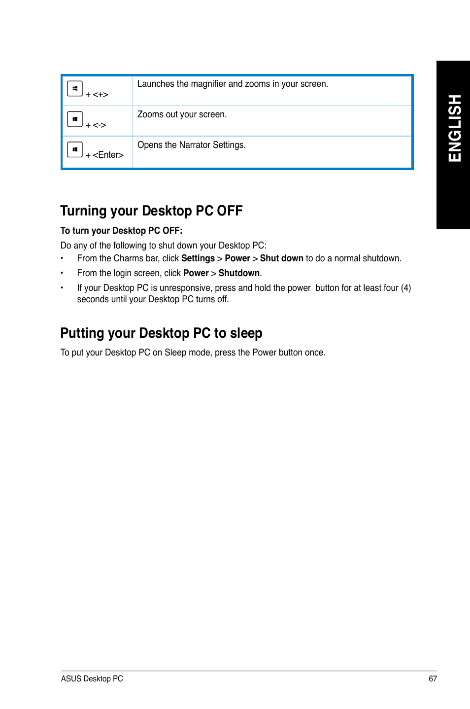 Turning your desktop pc off, Putting your desktop pc to sleep, En gl is h en gl is h | Asus M51AD User Manual | Page 67 / 85