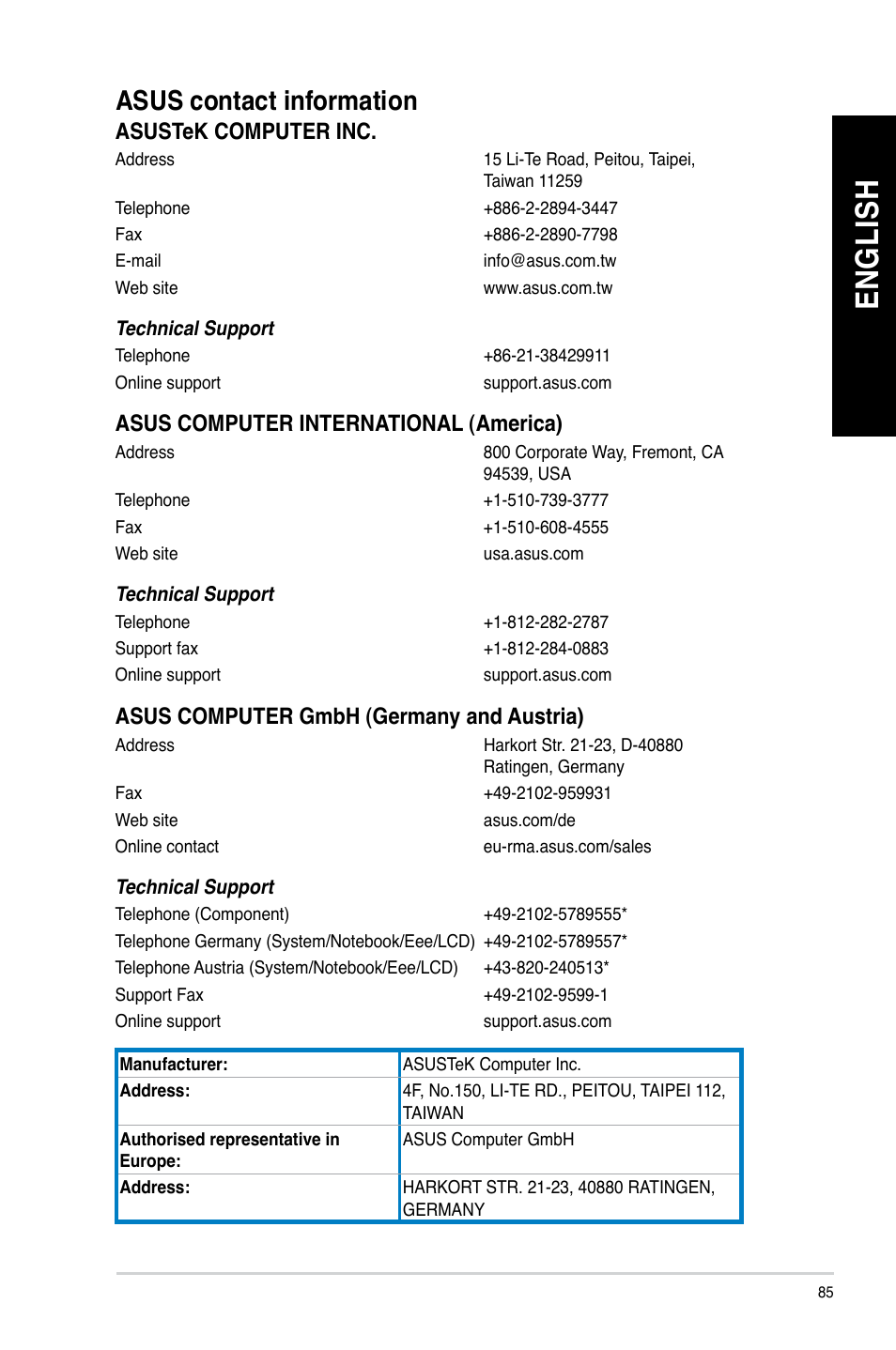 Asus contact information, En gl is h en gl is h | Asus M51AD User Manual | Page 85 / 85