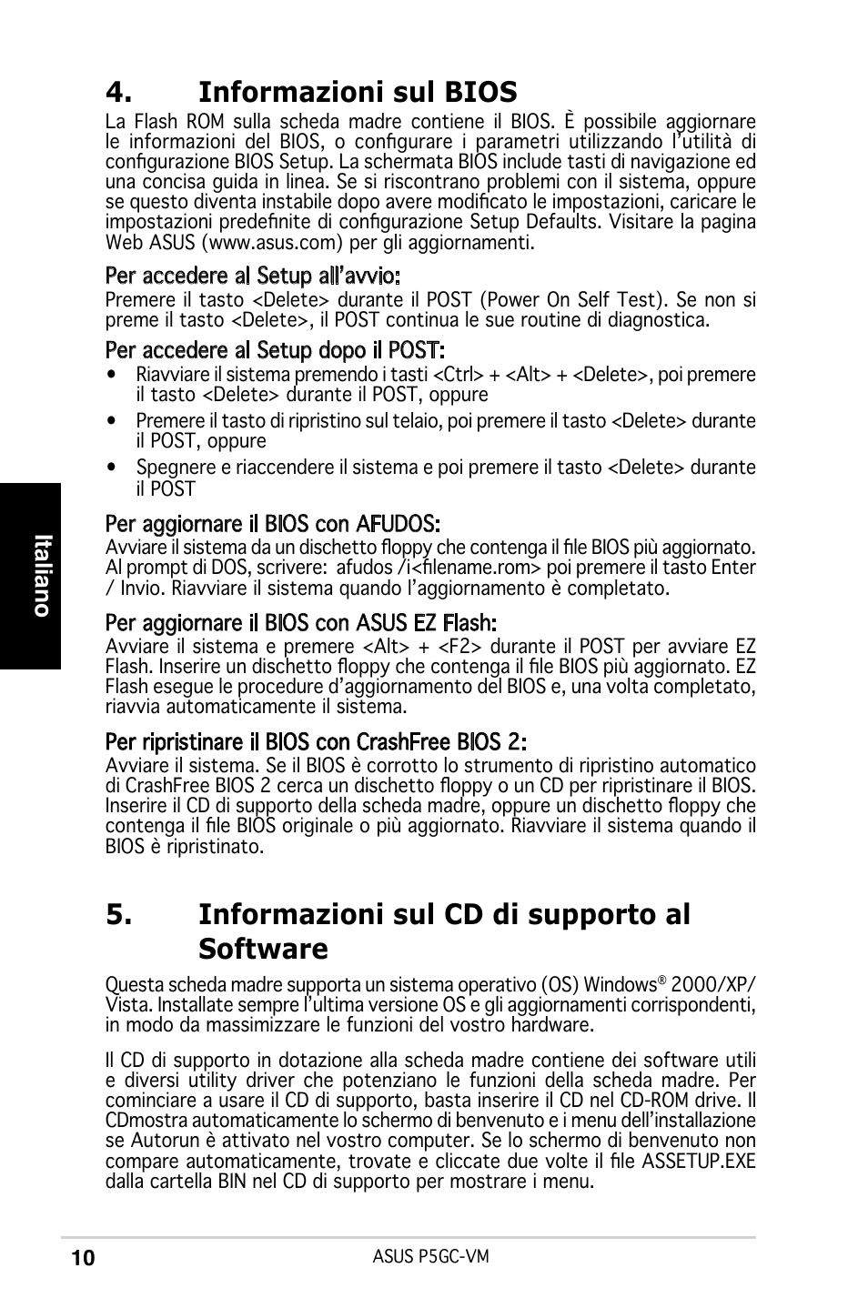 Informazioni sul bios, Informazioni sul cd di supporto al software, Italiano | Asus P5GC-VM User Manual | Page 10 / 38