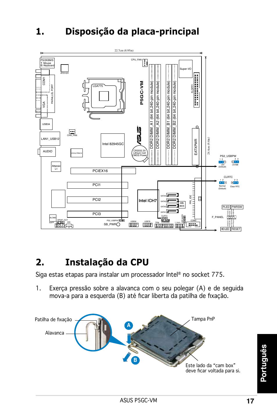 Disposição da placa-principal 2. instalação da cpu, Português, Asus p5gc-vm | Ab b, Intel ich7 | Asus P5GC-VM User Manual | Page 17 / 38