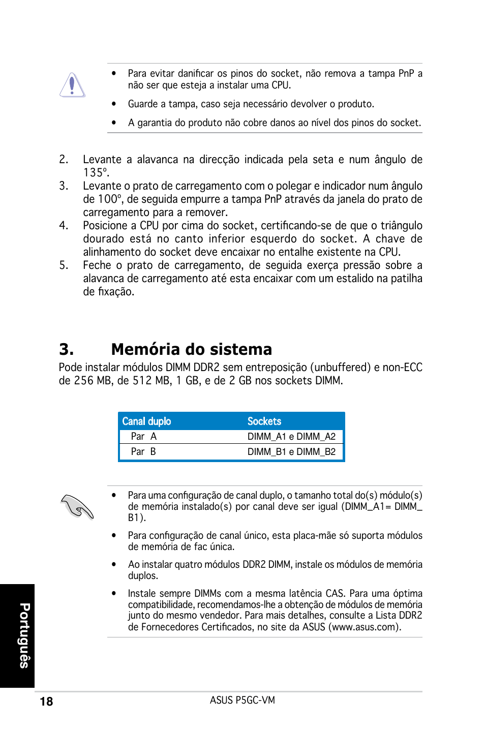 Memória do sistema, Português | Asus P5GC-VM User Manual | Page 18 / 38