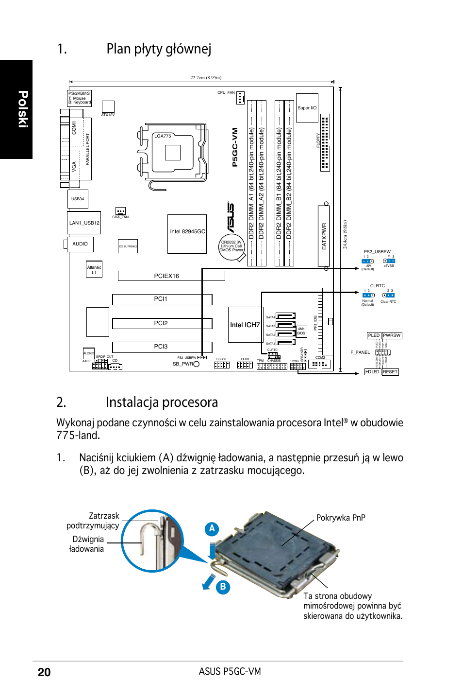 Plan płyty głównej 2. instalacja procesora, Polski, Asus p5gc-vm | Ab b | Asus P5GC-VM User Manual | Page 20 / 38