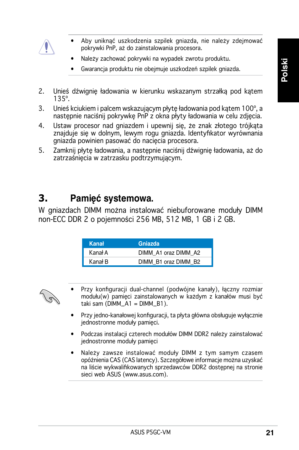 Pamięć systemowa, Polski | Asus P5GC-VM User Manual | Page 21 / 38