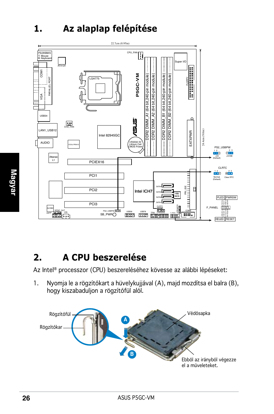 Az alaplap felépítése 2. a cpu beszerelése, Magyar, Az intel | Asus p5gc-vm, Ab b | Asus P5GC-VM User Manual | Page 26 / 38