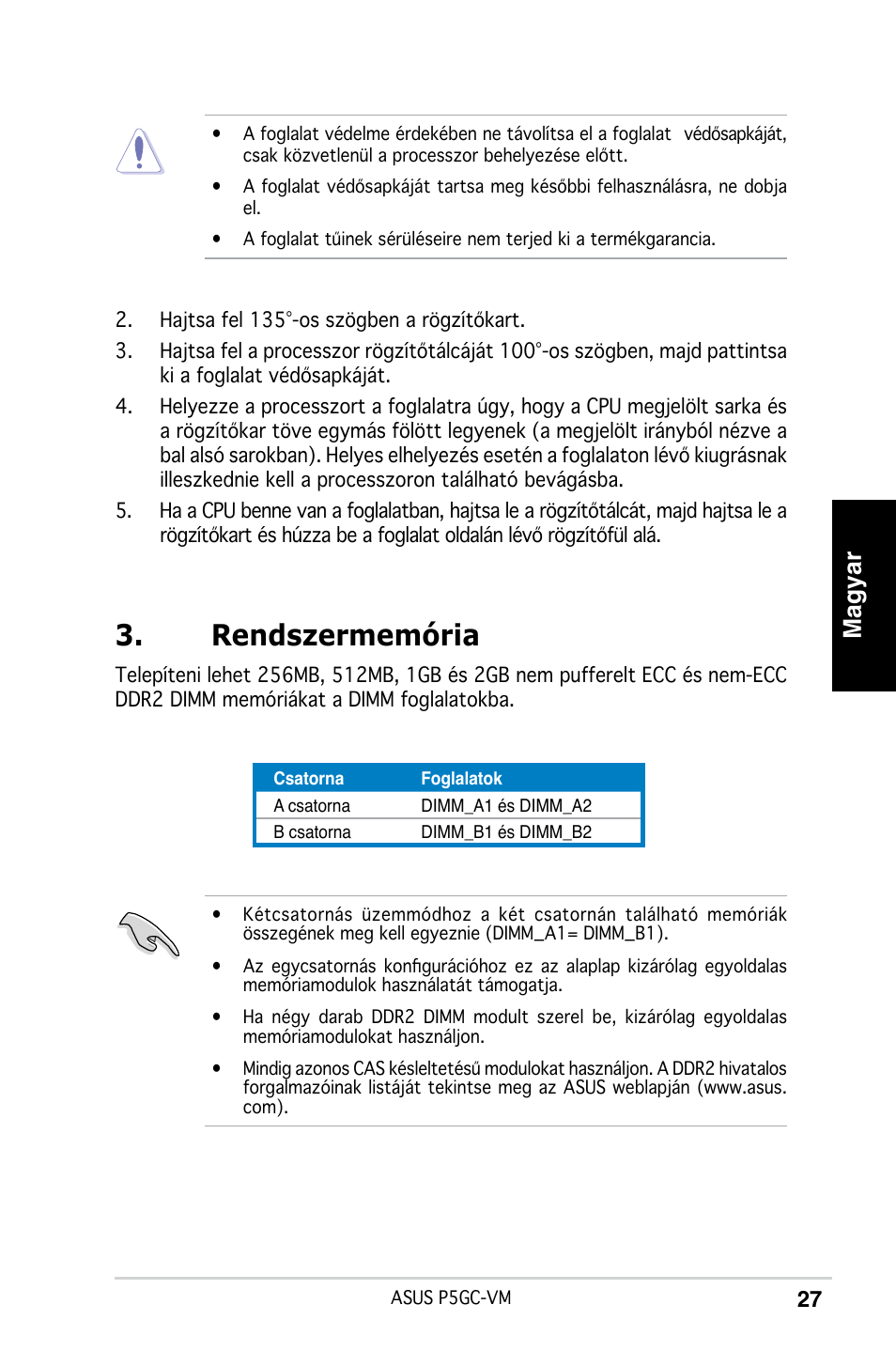 Rendszermemória, Magyar | Asus P5GC-VM User Manual | Page 27 / 38