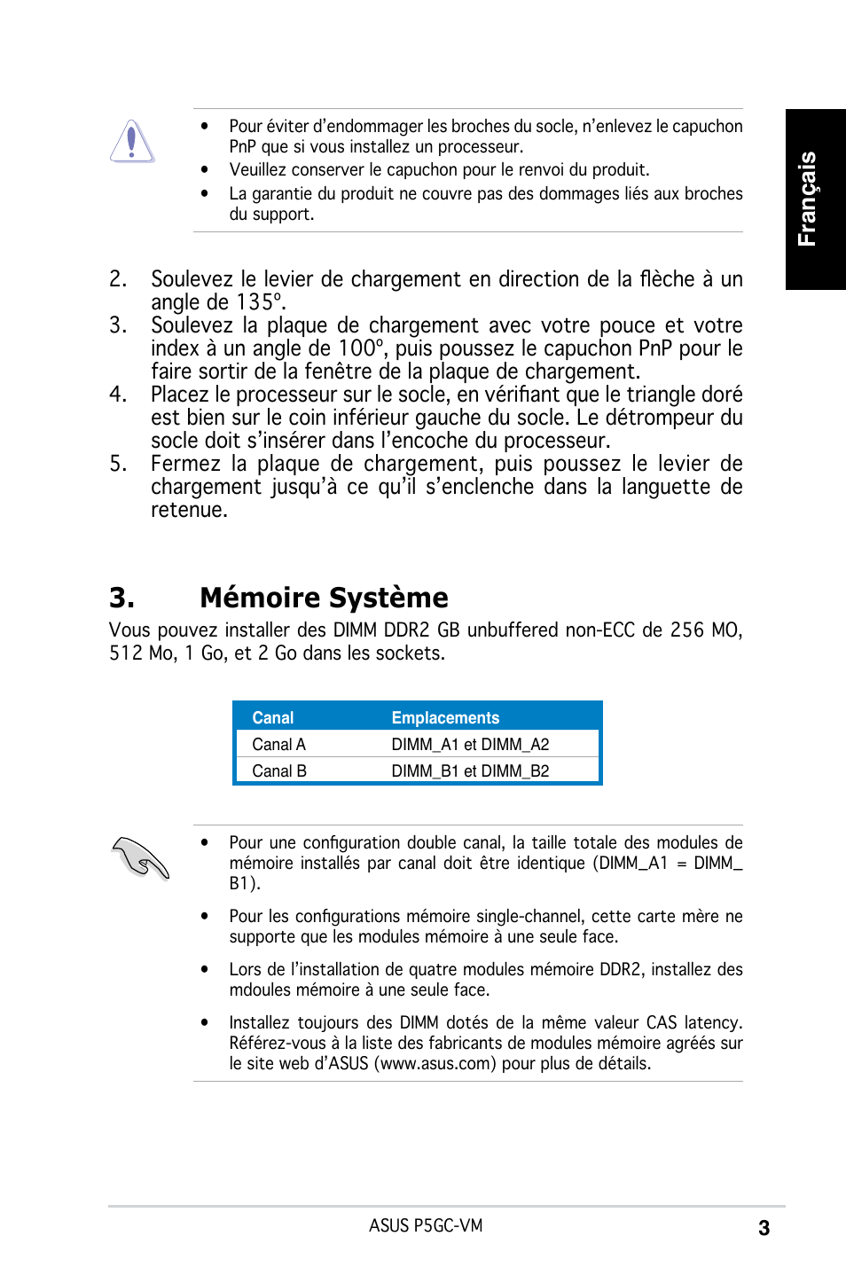 Mémoire système, Français | Asus P5GC-VM User Manual | Page 3 / 38
