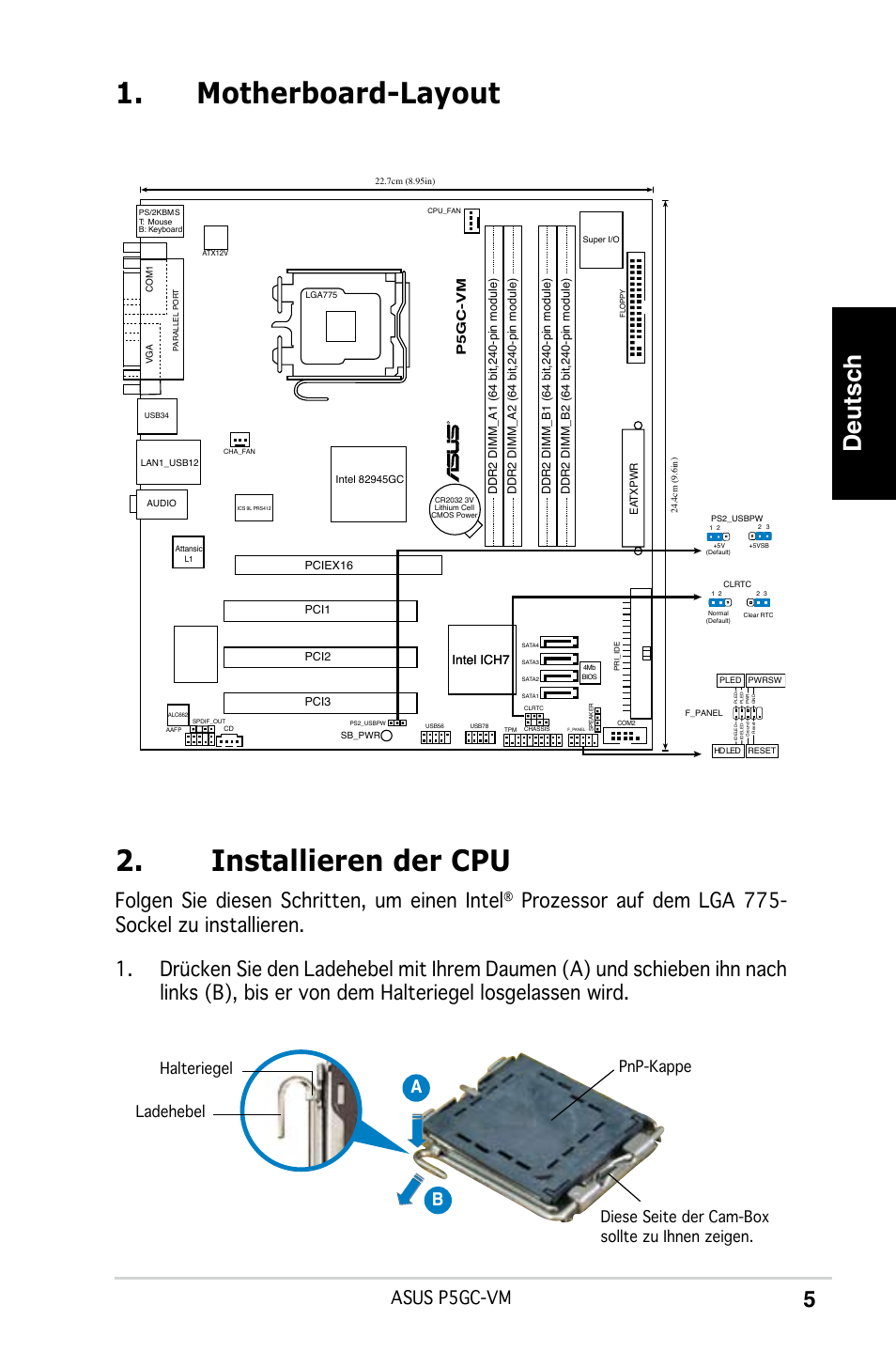 Motherboard-layout 2. installieren der cpu, Deutsch, Folgen sie diesen schritten, um einen intel | Asus p5gc-vm, Ab b | Asus P5GC-VM User Manual | Page 5 / 38