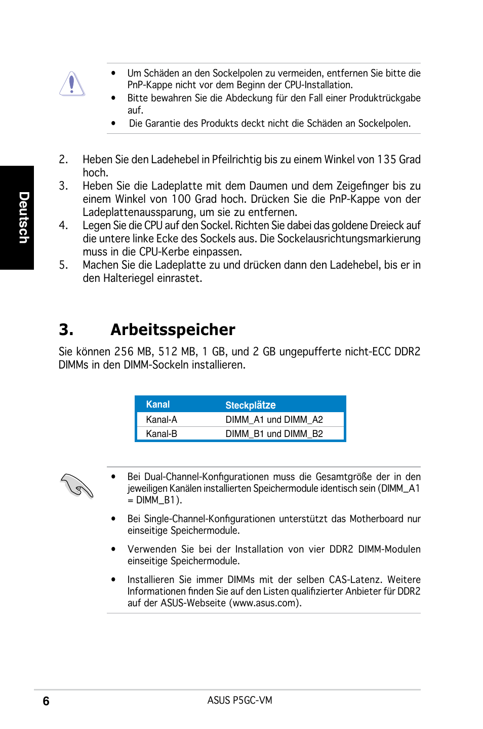 Arbeitsspeicher, Deutsch | Asus P5GC-VM User Manual | Page 6 / 38