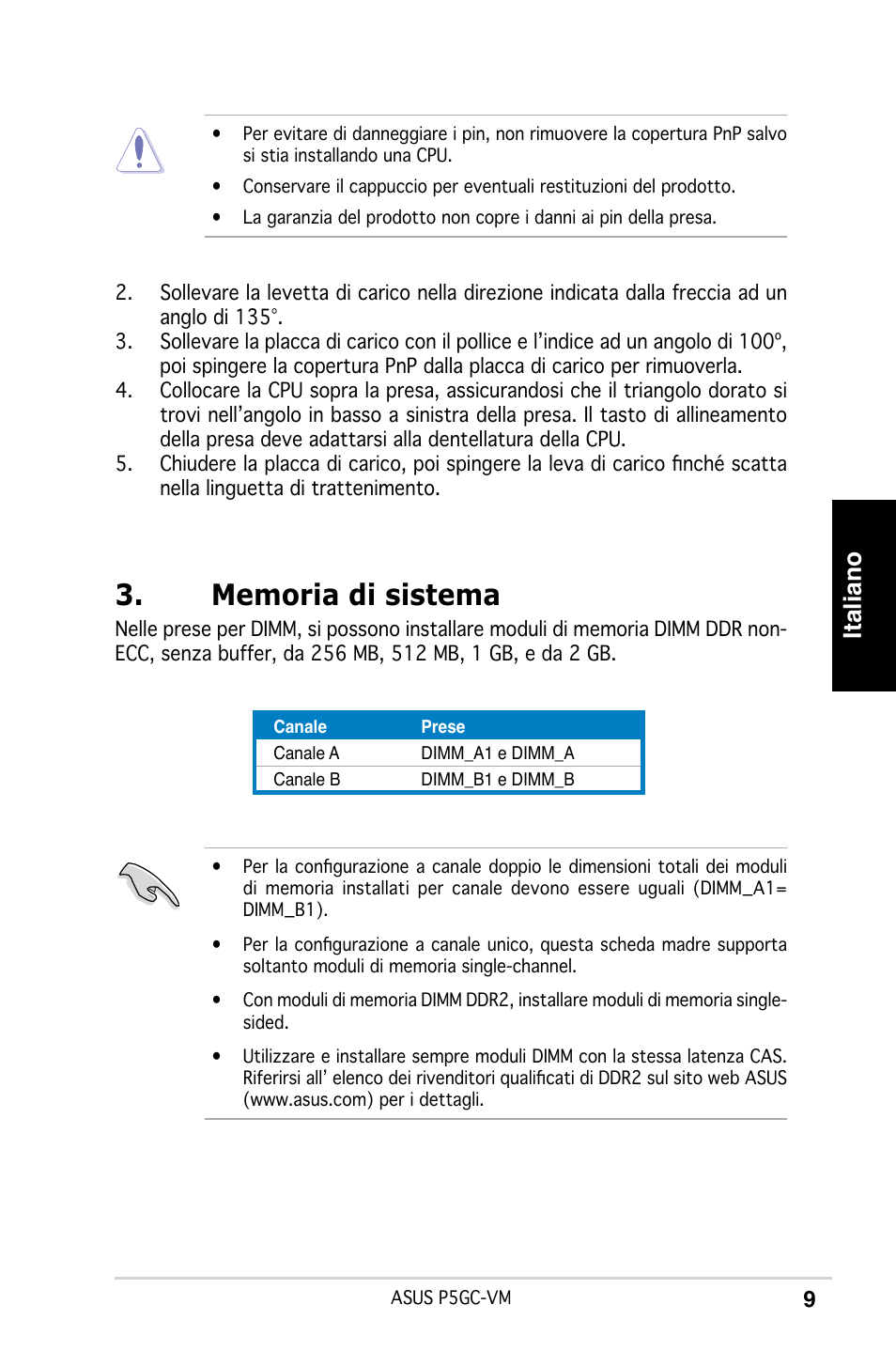 Italiano | Asus P5GC-VM User Manual | Page 9 / 38