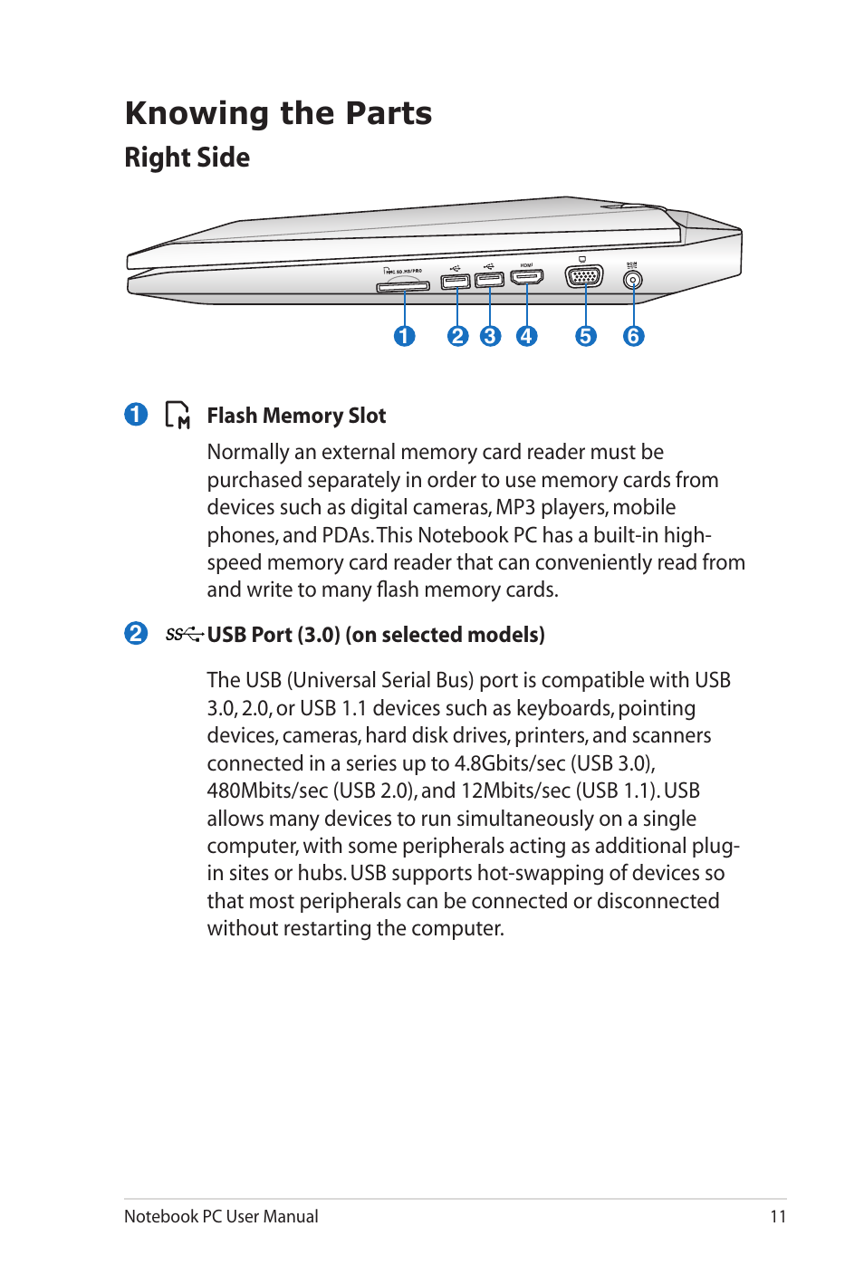 Knowing the parts, Right side | Asus G73Jw User Manual | Page 11 / 32