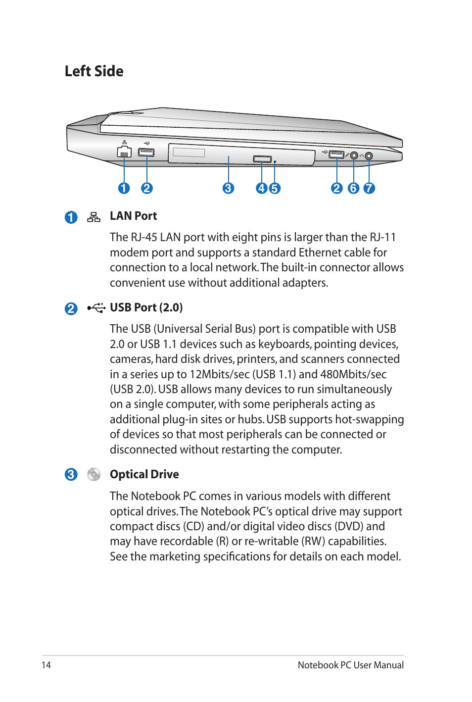 Left side | Asus G73Jw User Manual | Page 14 / 32