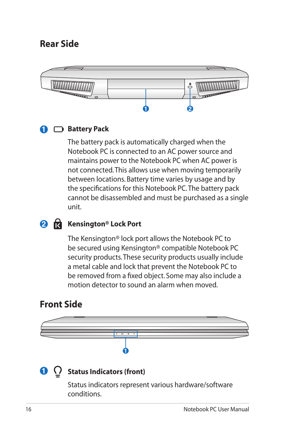 Rear side, Front side | Asus G73Jw User Manual | Page 16 / 32
