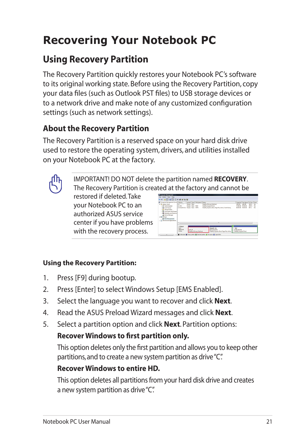 Recovering your notebook pc, Using recovery partition | Asus G73Jw User Manual | Page 21 / 32