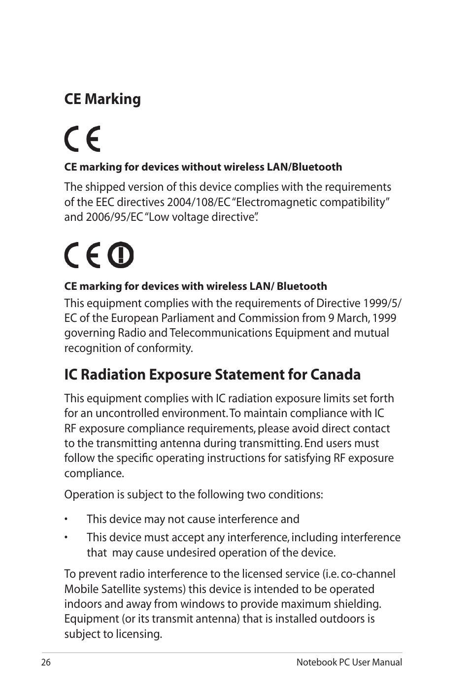 Ce marking, Ic radiation exposure statement for canada | Asus G73Jw User Manual | Page 26 / 32