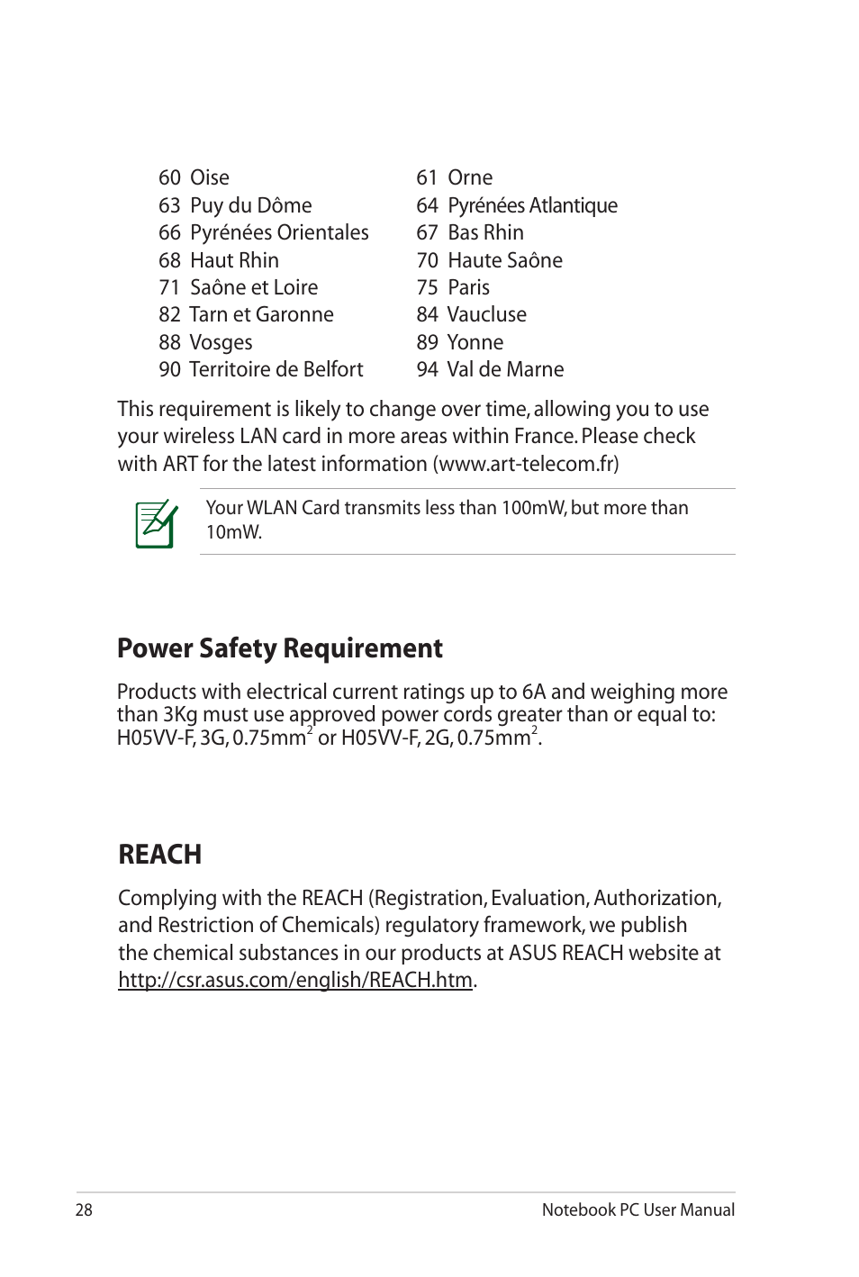 Power safety requirement, Reach | Asus G73Jw User Manual | Page 28 / 32