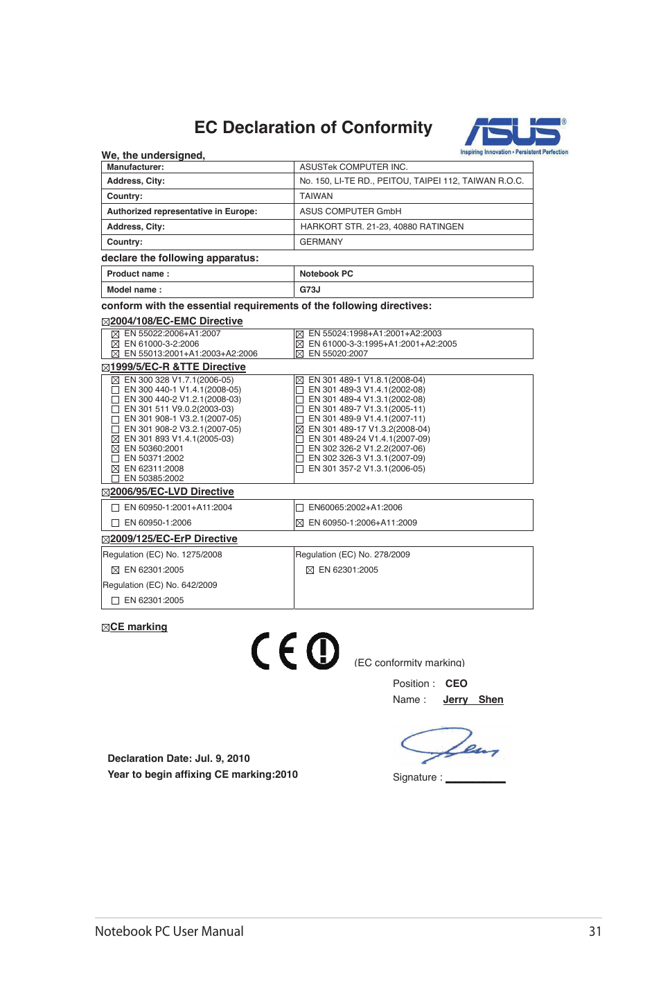 Ec declaration of conformity | Asus G73Jw User Manual | Page 31 / 32