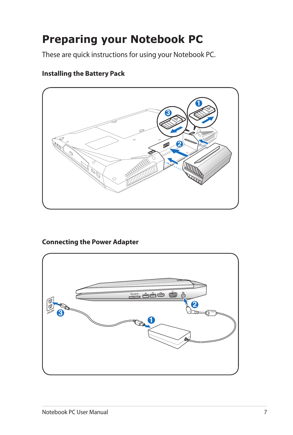 Preparing your notebook pc | Asus G73Jw User Manual | Page 7 / 32