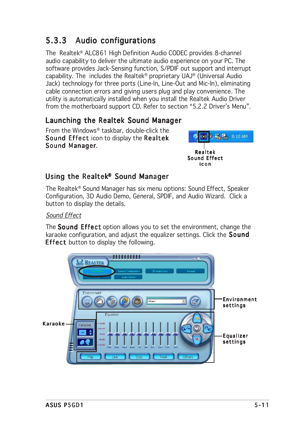 Launching the realtek sound manager, Using the realtek, Sound manager | Asus P5GD1 User Manual | Page 111 / 128