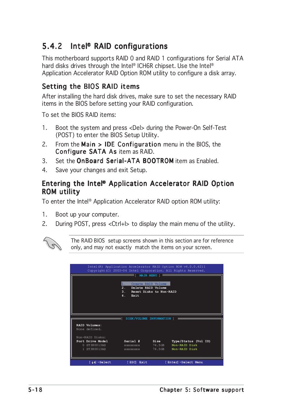 2 intel intel intel intel intel, Raid configurations, Setting the bios raid items | Entering the intel, Application accelerator raid option | Asus P5GD1 User Manual | Page 118 / 128