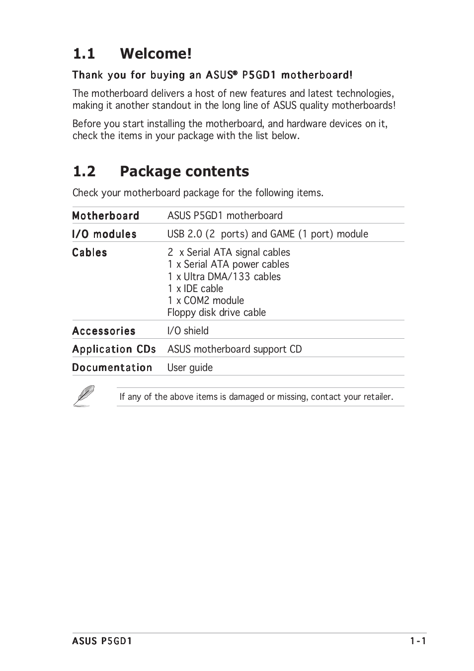 1 welcome, 2 package contents | Asus P5GD1 User Manual | Page 15 / 128