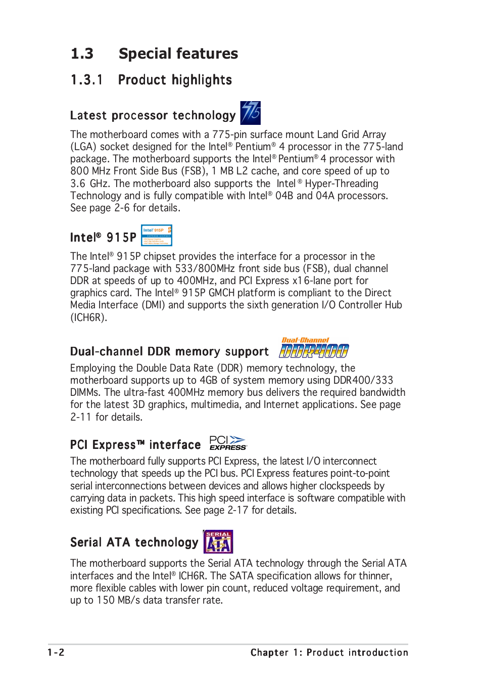 3 special features | Asus P5GD1 User Manual | Page 16 / 128