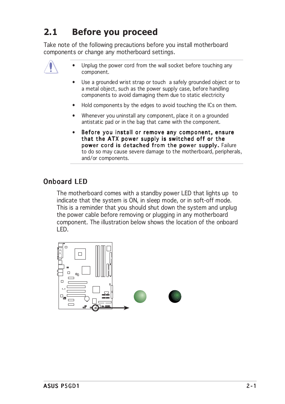 1 before you proceed, Onboard led | Asus P5GD1 User Manual | Page 21 / 128