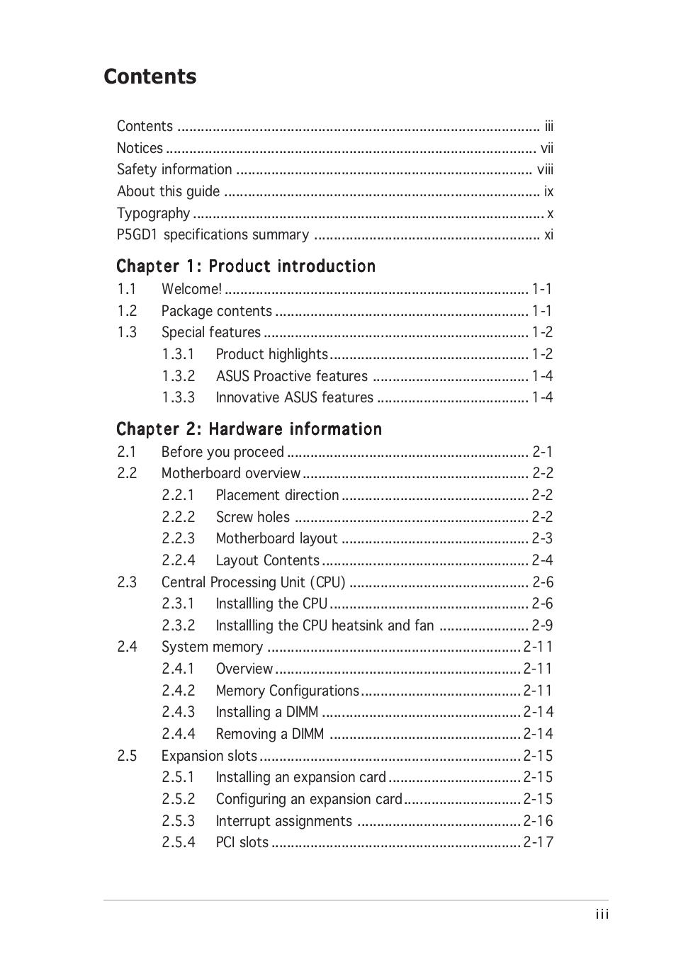 Asus P5GD1 User Manual | Page 3 / 128