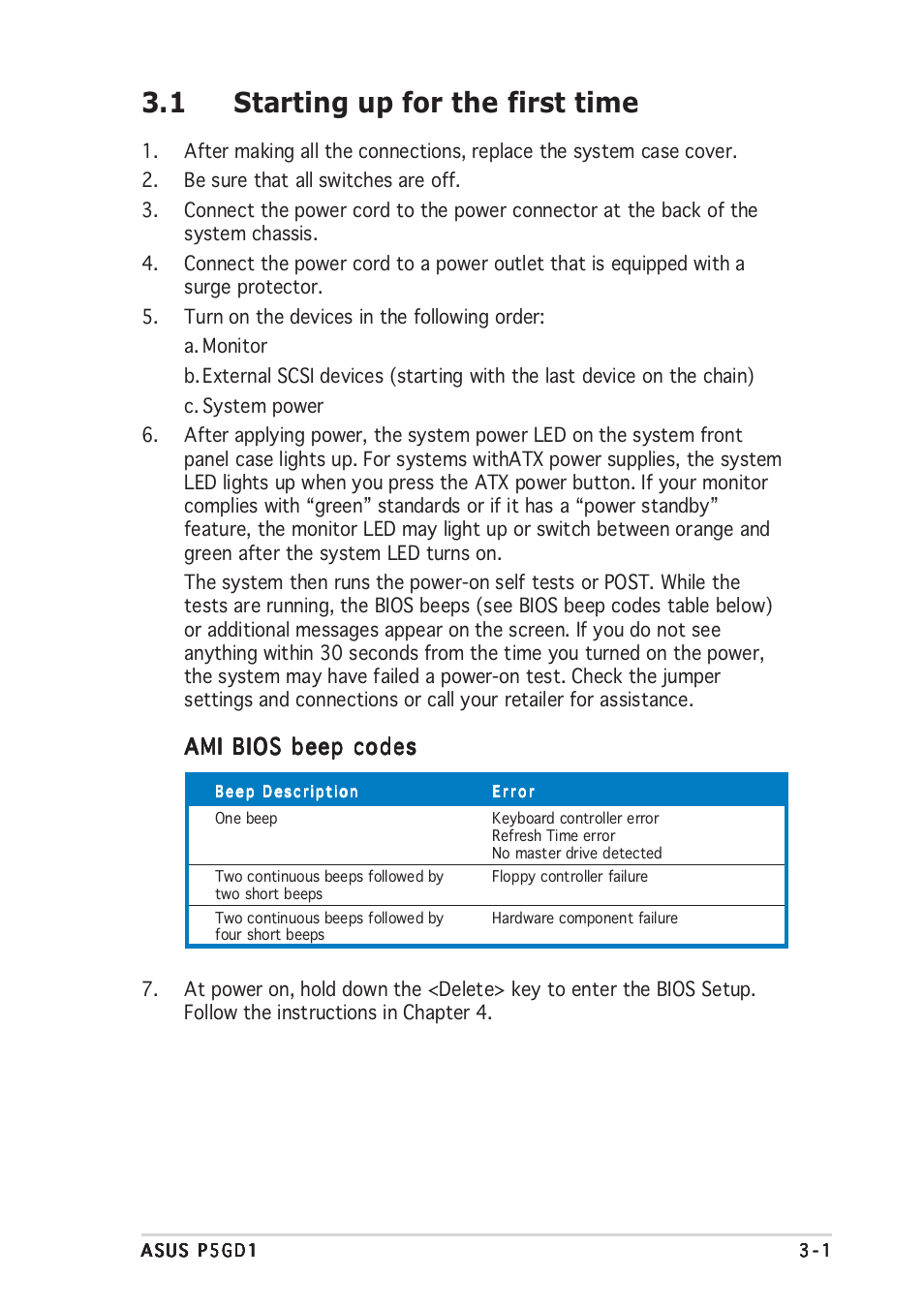 1 starting up for the first time, Ami bios beep codes | Asus P5GD1 User Manual | Page 55 / 128