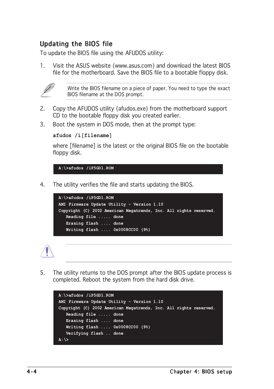 Updating the bios file | Asus P5GD1 User Manual | Page 62 / 128